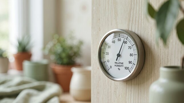 Analog hygrometer measuring relative humidity. Round dial gauge on wooden wall with plants