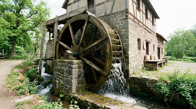 Historic wooden water wheel rotating next to an old stone flour mill. Water cascading over a traditional mill wheel. Ancient technology and heritage concept