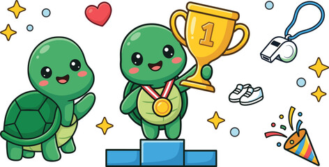 Fototapeta premium Cute Turtle Champion Character Vector Illustration with Trophy Medal Podium Whistle Running Shoes and Sports Achievement Elements