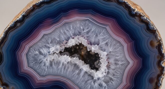 Polished blue and purple agate geode crystal slice.