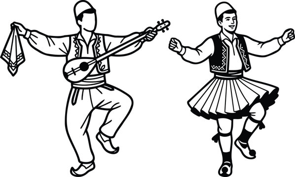 Two men dancing in traditional greek folk clothing