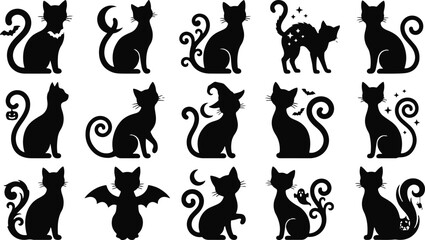 Obraz premium Black cat silhouette collection with glowing eyes. Each feline shown in various sitting and lying positions. Ideal for Halloween or spooky designs