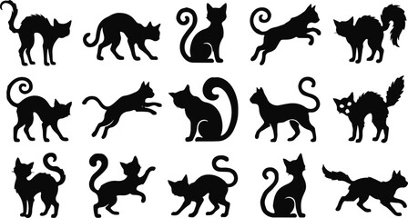Black cat silhouette collection with glowing eyes. Each feline shown in various sitting and lying positions. Ideal for Halloween or spooky designs © Junayad