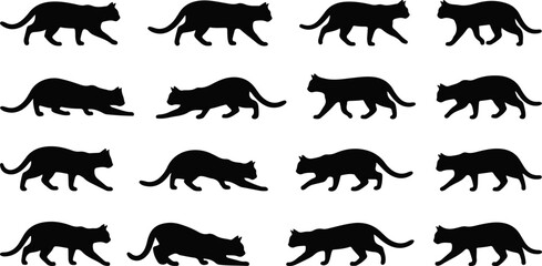 Black cat silhouette collection with glowing eyes. Each feline shown in various sitting and lying positions. Ideal for Halloween or spooky designs © Junayad