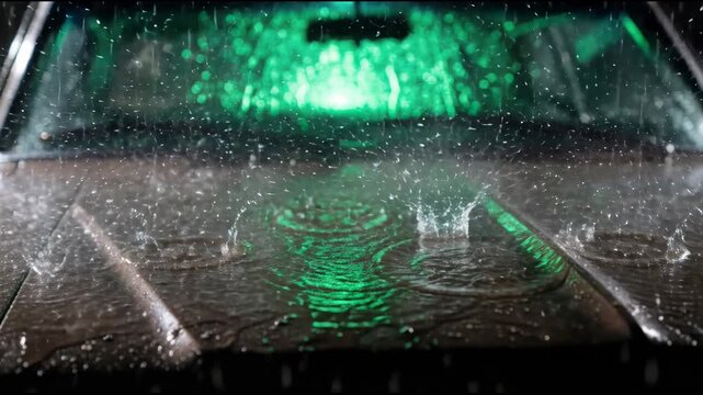 Raindrops hitting the metal hood of a car with a green reflection. Heavy storm at night with water splashes and surface ripples. Moody atmosphere and weather.
