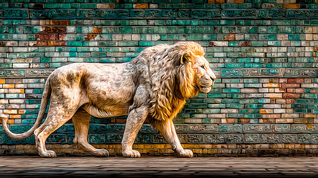 ishtar. Glazed brick relief of a lion against lapis lazuli blue background with gold accents, intricate patterns. event programs.