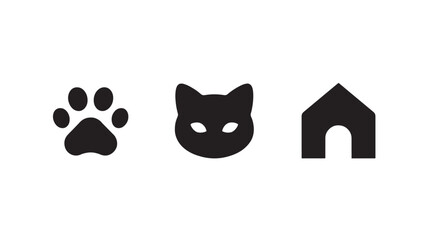 Fototapeta premium Black Cat Paw Print House Icons Isolated On White For Pet Care Concepts