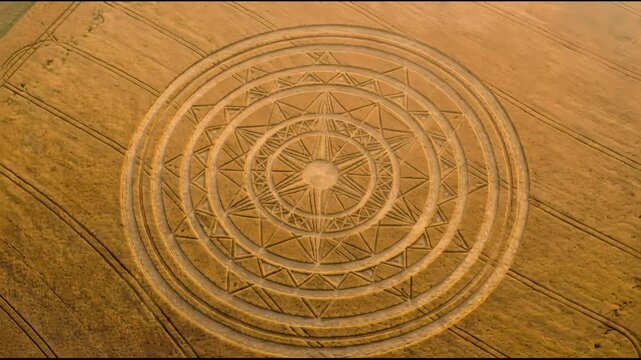 Crop circle with intricate geometric pattern in a ripe wheat field. Aerial view of mystical formation in agricultural land. Mysterious circular symbol in nature.