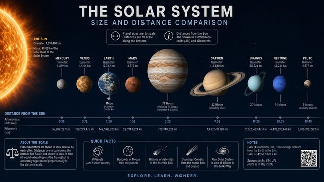 Solar system infographic illustrating size and distance comparison of planets, including the Sun, Mercury, Venus, Earth, Mars, Jupiter, Saturn, Uranus, Neptune, and Pluto
