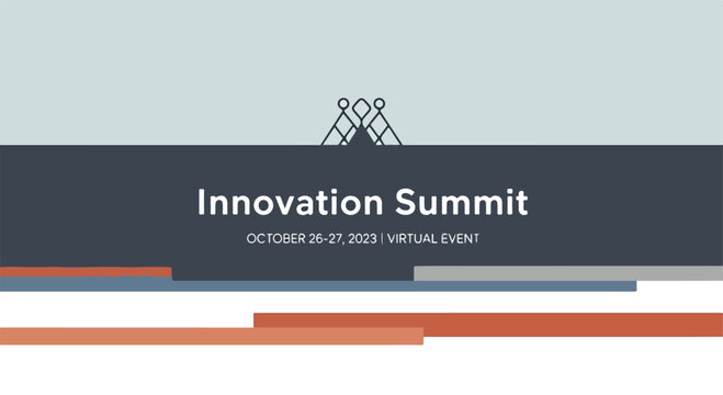 A virtual event banner with geometric logo
