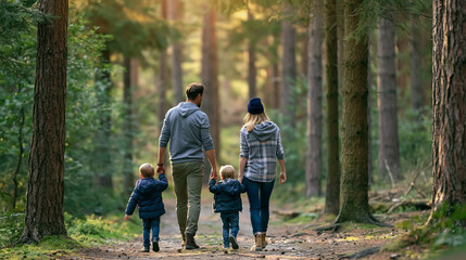 Fototapeta premium Family walking hand in hand on a forest path, parents and young children exploring nature together on a sunny day