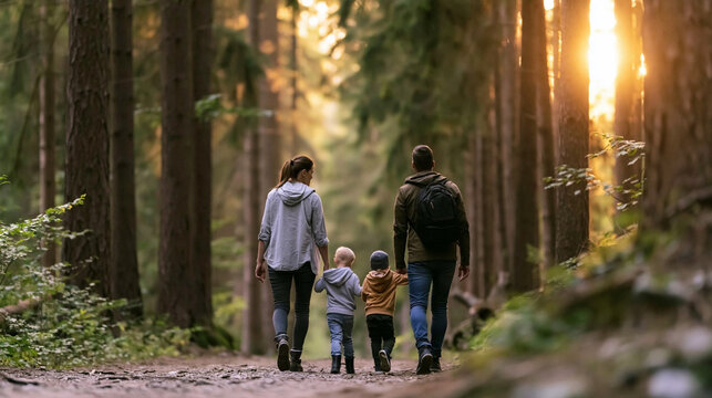 Family hiking forest path during sunset, parents holding sons' hands, walking together enjoying nature