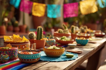 Fototapeta premium Colorful Mexican-inspired dining setup with chips, salsa, and lime accents for a Cinco de Mayo gathering