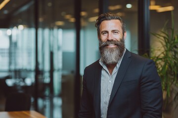 Fototapeta premium Confident bearded male business leader headshot in a modern office
