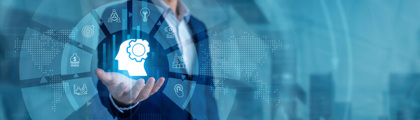 Data analyst reviewing market trends holding a hand tablet. Business Intelligence data flow on global network interactive corporate dashboards. Strategic planning teams maximizing total profits.