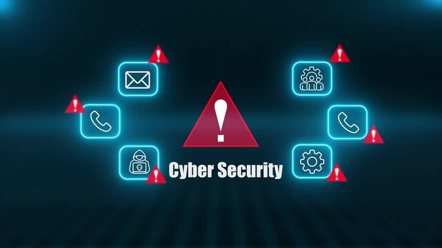 Cyber Security warning Alert cybersecurity concept a prominent digital warning sign surrounded by alert icons, symbolizing online security threats, data protection, and scam prevention. 4k Vedio