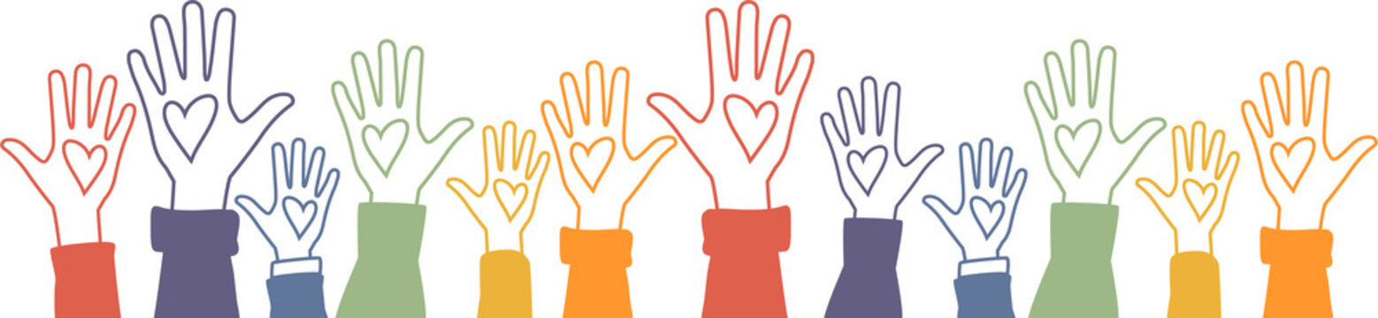 Raised hands. Volunteering, teamwork concert.	