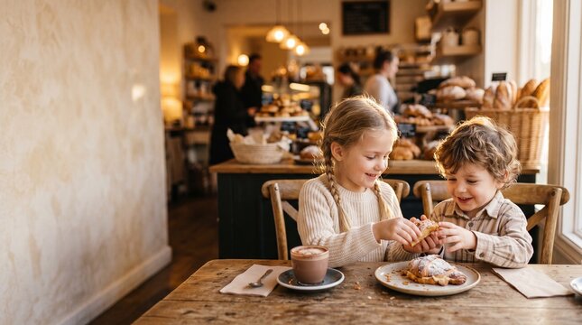 Two children enjoying a sweet treat and hot chocolate in a cozy cafe, with other patrons and baked goods visible in the background.
