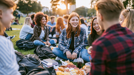 Fototapeta premium Happy undergraduate friends spending quality time together, picnicking on green grass and sharing joyful moments outdoors