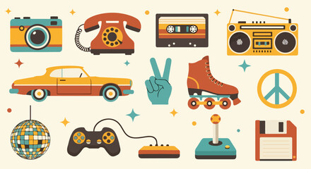 A vibrant collage of retro-themed icons © Melina