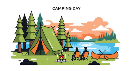 A serene camping scene by a lake at sunset with a tent and a person © Luffy
