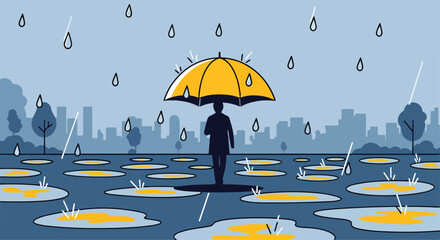 A person stands under a yellow umbrella on a rainy day © Lopina