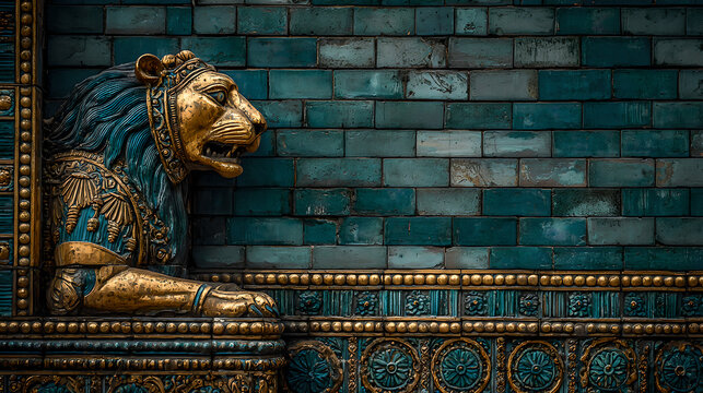 ishtar. Glazed brick relief of a lion against lapis lazuli blue background with gold accents, intricate patterns. event programs.