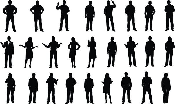 Black silhouette illustrations of diverse people in varied postures and gestures, showcasing body language and social interaction