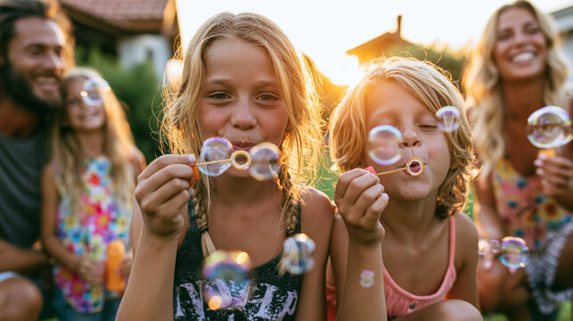 Happy children blowing bubbles playing outdoors, parents enjoying family fun and carefree childhood joy in the backyard