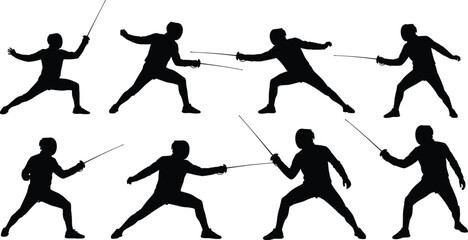 Naklejka premium Black silhouette illustrations of fencers in dynamic stances with swords, showcasing attack, defense, agility, posture, and competitive sport techniques