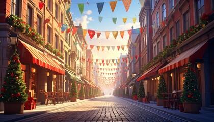 Naklejka premium Animated view of a festive European street decorated with bunting and holiday decor