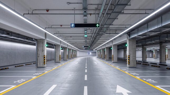 Modern underground parking lot with concrete pillars and road markings. Indoor garage infrastructure with directional signs and ceiling lighting system for vehicle traffic and navigation.