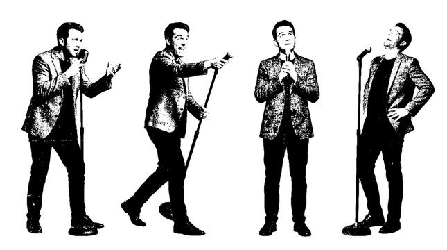 This image captures an expressive individual performing comedy, showcasing charisma and humor, all presented in a unique halftone aesthetic for artistic appeal.