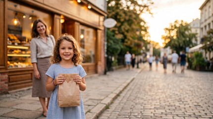 Obraz premium A young girl with a beaming smile holds a brown paper bag, standing on a charming cobblestone street in front of a bakery while her mother stands behind her.