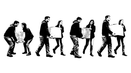 Obraz premium An illustrated scene of two individuals collaboratively moving boxes, depicted in a halftone style representing teamwork, support, and shared experiences.