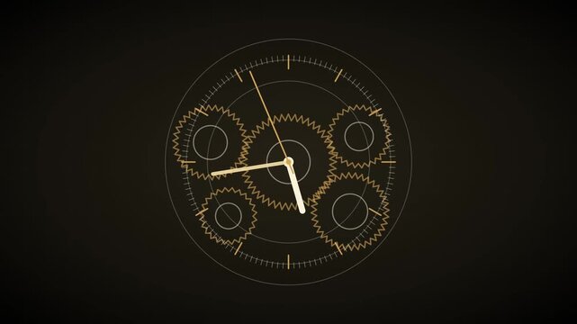 Animated clock mechanism with rotating golden gears and precision timekeeping motion animation