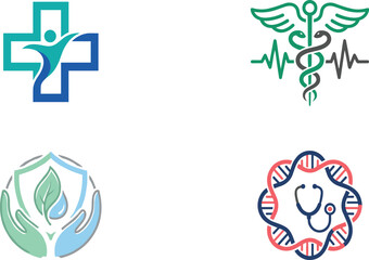 Obraz premium Medical and Healthcare Logo Set with Caduceus Stethoscope DNA Helix Cross Human Figure and Natural Leaf Protection Icons for Wellness Branding