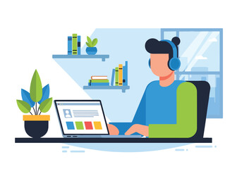 A person wearing headphones working on a laptop © Lopina
