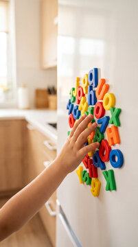 Colorful Magnetic Letters on White Refrigerator with Child Hand Solving Word Scramble