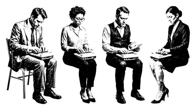 A halftone vector illustration of individuals using vintage typing machines, depicting concentration and creativity within an artistic context, emphasizing retro aesthetics.