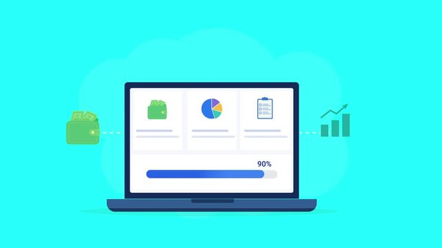 Modern flat vector animation of a laptop displaying a business management dashboard with portfolio, analytics, clipboard, and progress bar. Ideal for productivity, software, and web technology project