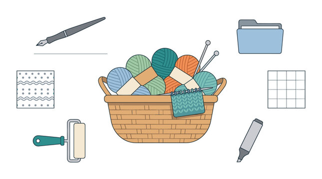 Crafting supplies and office items flat design vector illustration