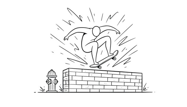 Skateboarder performing a jump over a brick wall with a fire hydrant nearby to showcase urban sports, physical activity, and street culture skills.