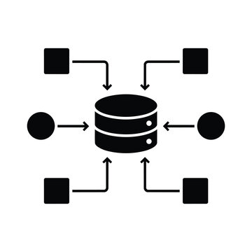 Central database connection icon with arrows from multiple nodes, black and white vector symbol for data aggregation and network storage