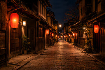 Fototapeta premium Traditional red lanterns glowing in quiet Japanese night alley