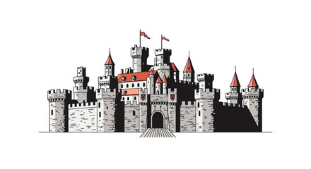 Grand medieval castle with fortified walls and red towers © toni
