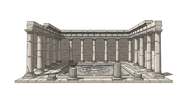 Ancient greek courtyard with stone columns and mosaic floor