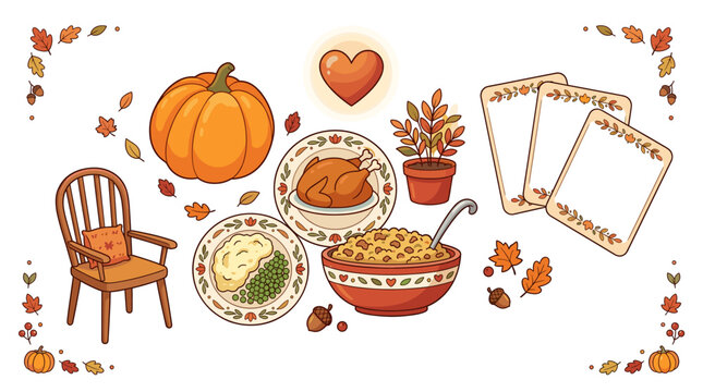 Thanksgiving flat design elements with food and autumn leaves