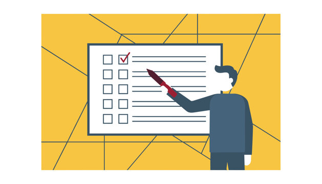 Professional individual marking completed tasks on a large project checklist board to ensure productivity and success in completing business operations.