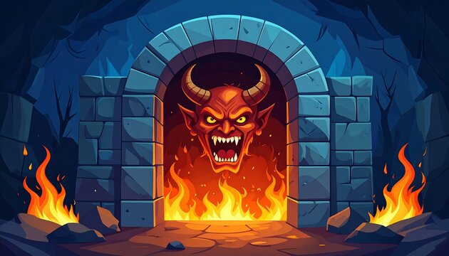 Cartoon demon's face in a stone archway with fiery flames